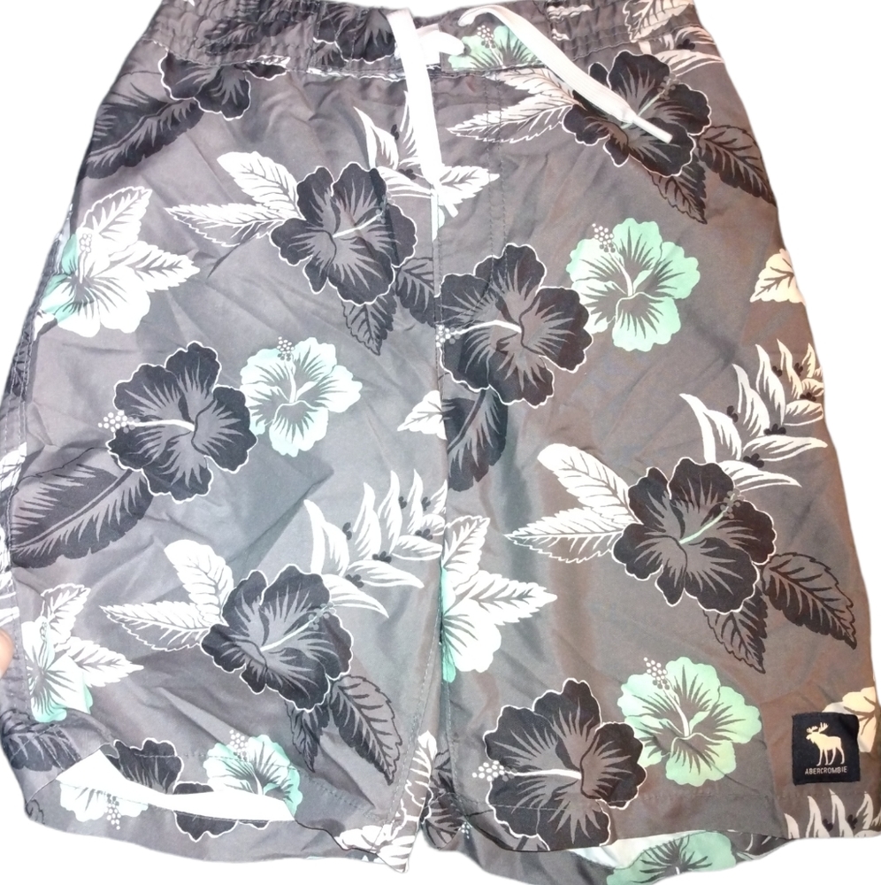 Abercrombie, swim trunks, size 11/12, teal and gray hibiscus flowers, New